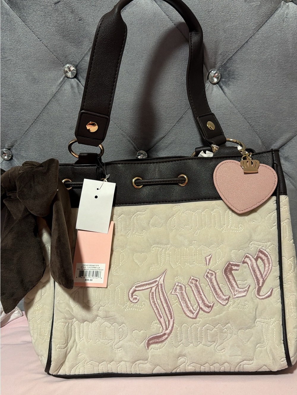 Juicy Couture Cream and Pink Quilted Tote with Black Handles